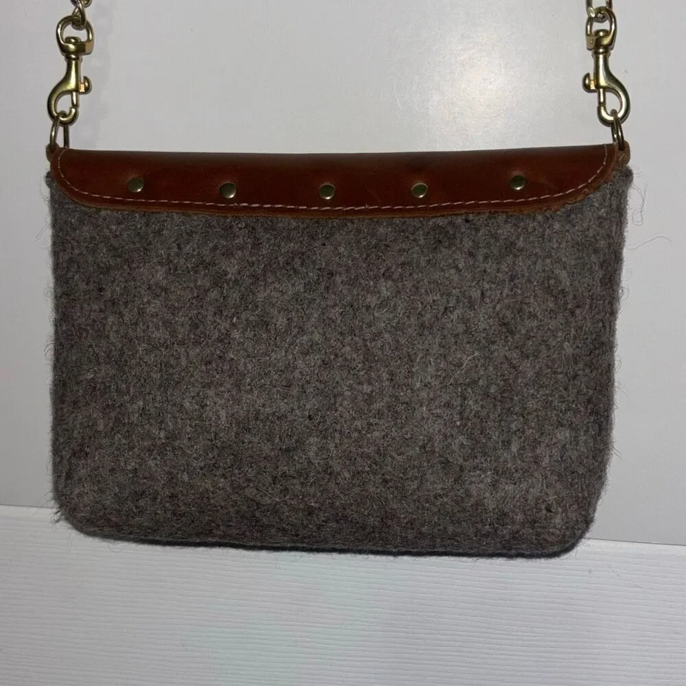 Sword & Plough Women Gray Crossbody Bag Purse Gold Chain Brown Leather